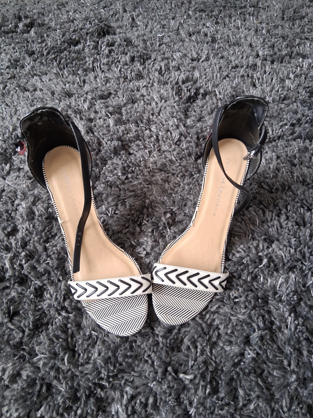 Women's Black and White Patterned Ankle-Strap Sandals